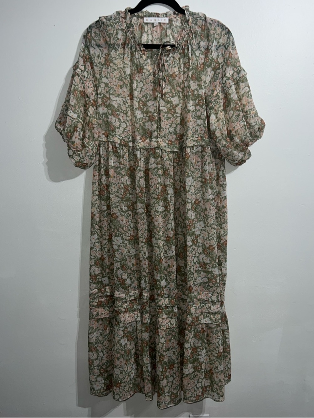 Women's Floral Midi Dress - Green and Pink shimmers of gold specs.